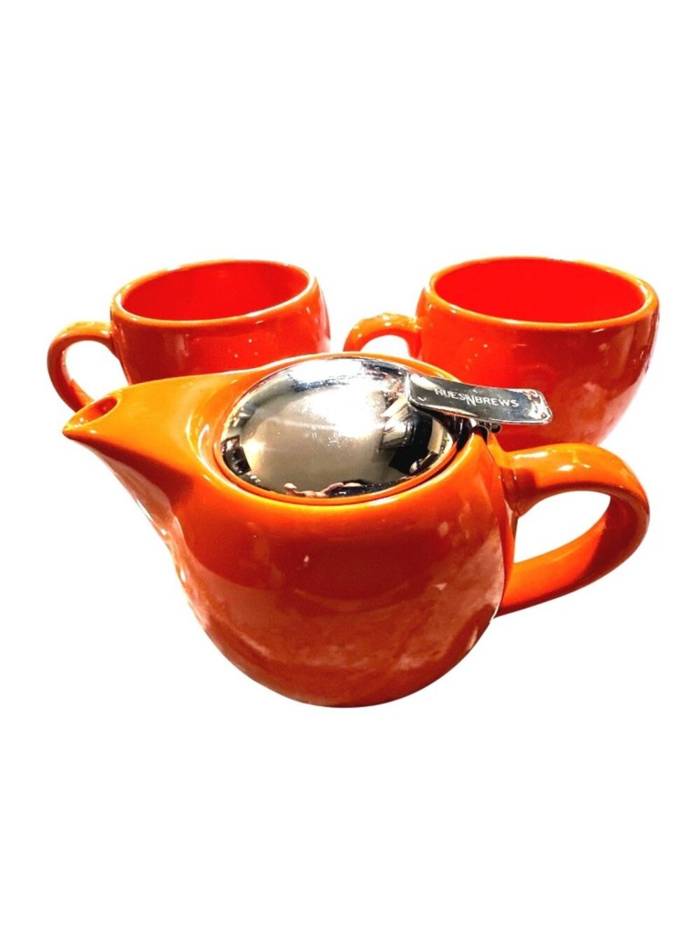 Hues N Brews Glazed Orange Ceramic Teapot Set Steel Lid 2 Matching Cups Service
